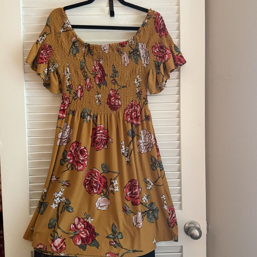Derek Heart Floral Peasant Dress Smocked Romantic Off-Shoulder Fit & Flare 2XL